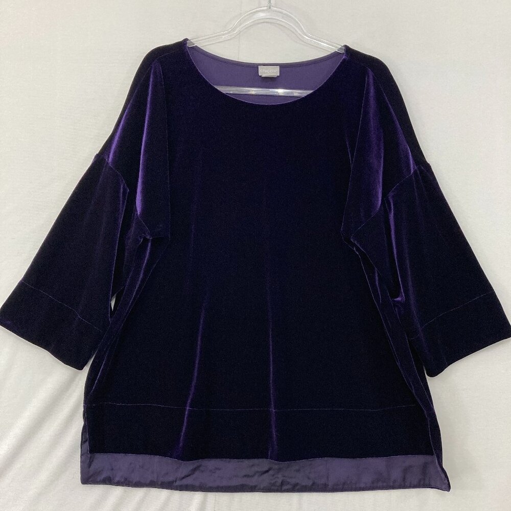 Chico's Top size 12/14 Dark Purple Velvet‎ Stretch Comfy Relaxed 3/4 Sleeve